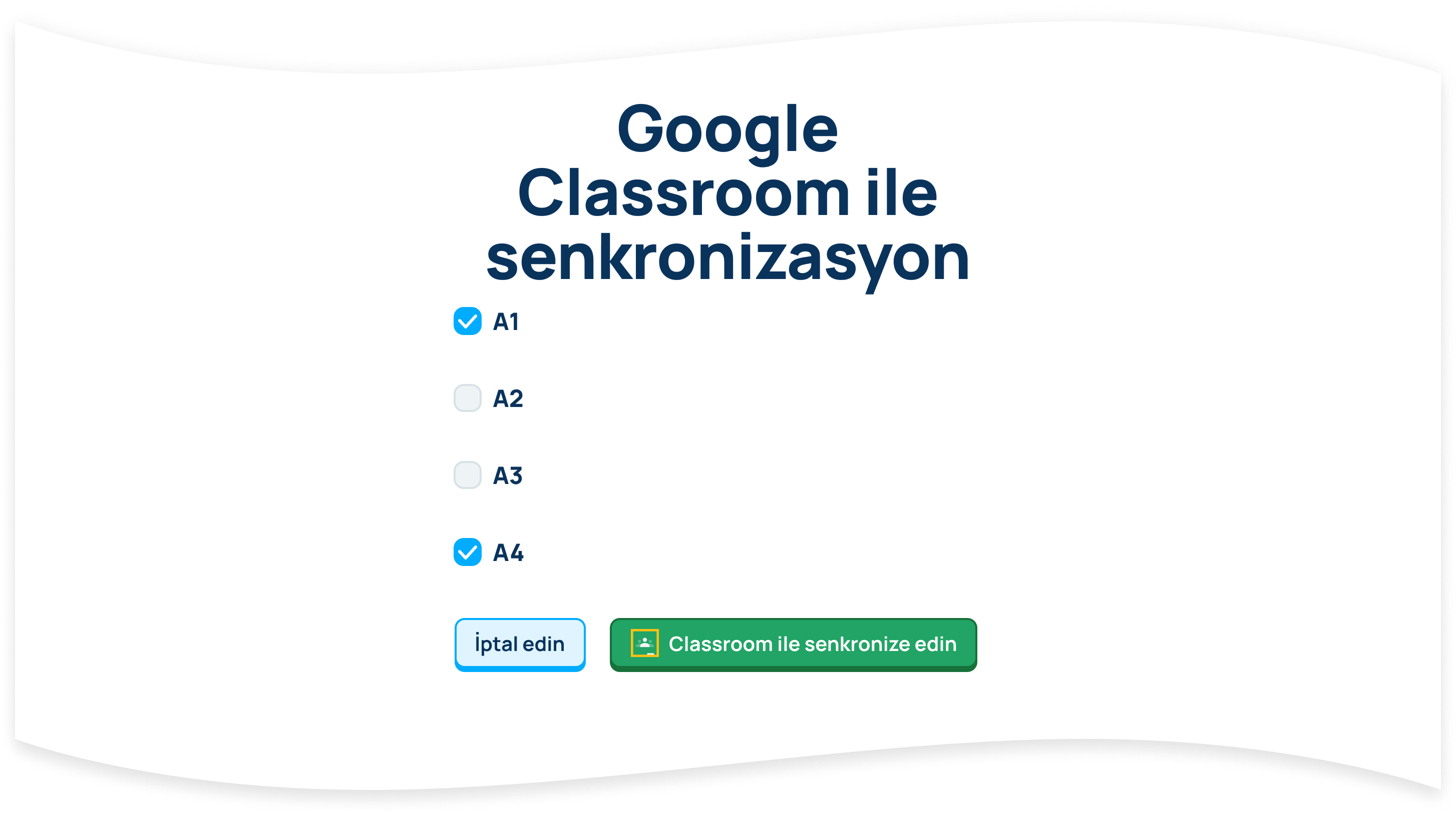 Ratatype'a eklemek istediğiniz sınıfları seçin ve Sınıfla Senkronize Et düğmesine tıklayın. İstediğiniz sayıda sınıf seçebilirsiniz.