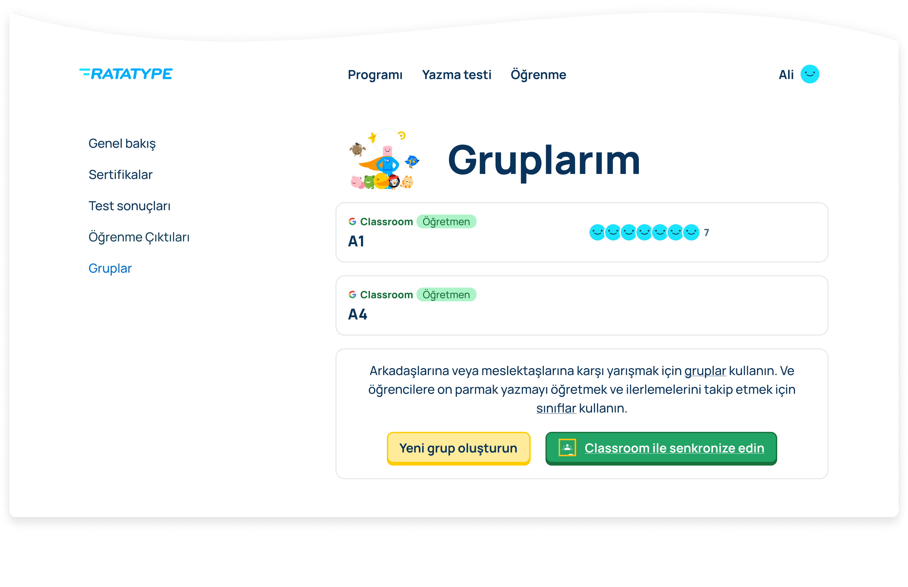 Artık Google Classroom hesabınızdaki sınıflar ve tüm öğrenciler Ratatype'ta! Dokunarak yazmayı öğretmeye başlayabilirsiniz.